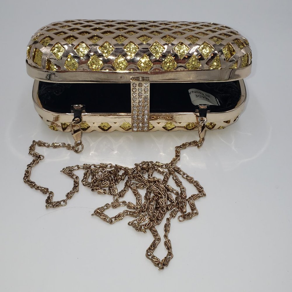 Gold Tone Pill Box Clutch or Shoulder Bag with Faux Stone Accent Closure